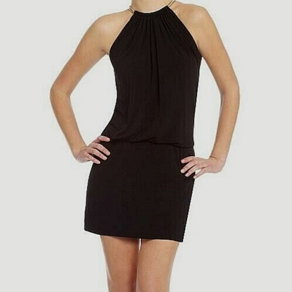 Jessica Simpson Black Halter Mini Dress Built-In Gold Omega Necklace Size 10 NWT